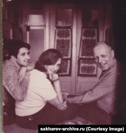 Sakharov and Yelena Bonner with her son, Aleksei Semenyov, on the couple's wedding day, January 13, 1972