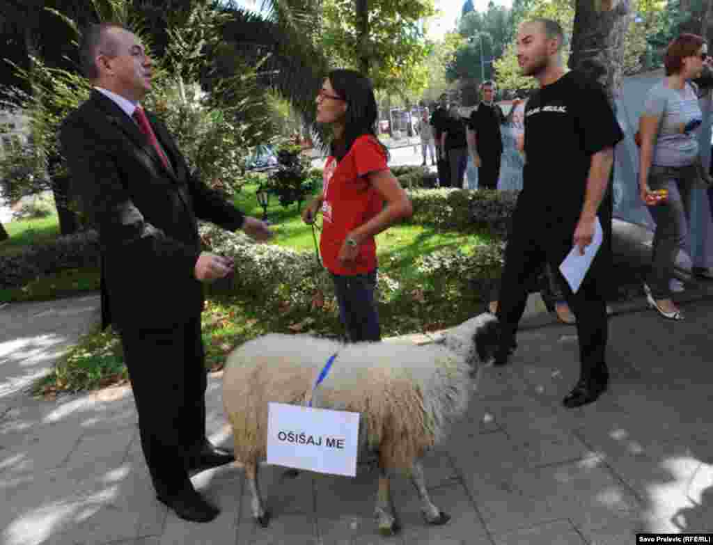 Performans MANS-a u Podgorici povodom odluke poslanika u Skupštini CG da sebi povećaju platu, 23.09.2011. Foto: Savo Prelević / RSE 