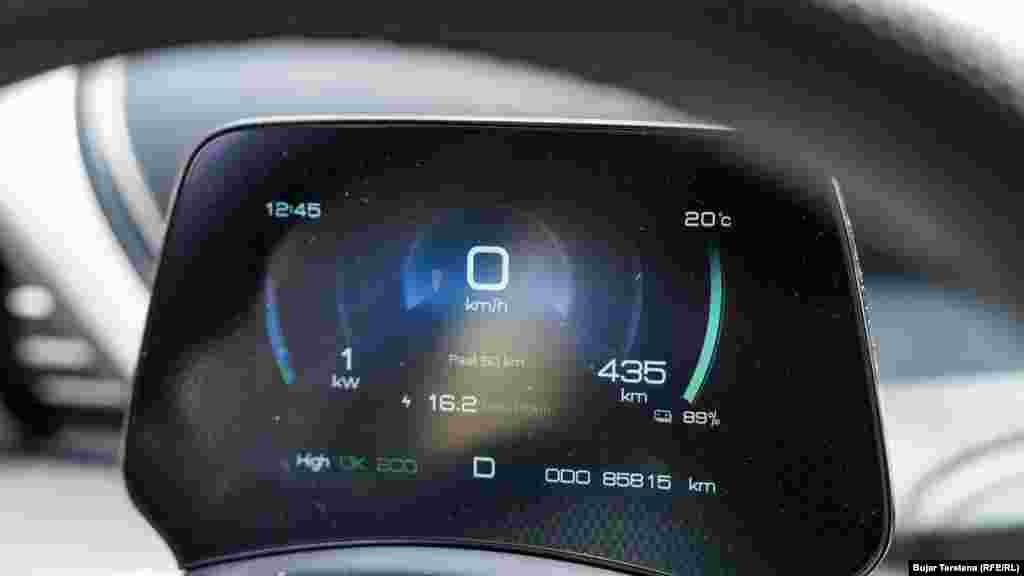 Një veturë elektrike, ku tregohen të dhënat se sa energji shpenzon ky mjet transportues. 