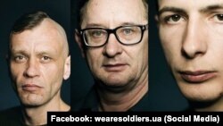 Фрагмент постеру фільму «We are soldiers» із фотографіями трьох головних героїв стрічки: (зліва направо) Олексій Соколовський, Анатолій Фатєєв, Дмитро Тромпак