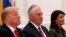 U.S. President Donald Trump (L), Secretary of State Rex Tillerson (C) and Ambassador to the U.N. Nikki Haley (R) attend a working dinner with Latin American leaders in New York, U.S., September 18, 2017