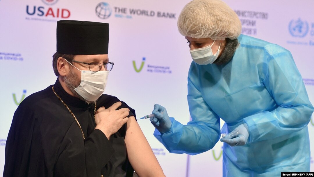 Svyatoslav (Shevchuk), head of the Ukrainian Greek Catholic Church, receives a COVID-19 vaccination in Kyiv on March 16.