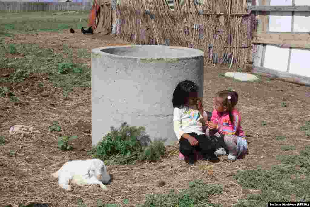 Девочки играют близ больного козленка. Его хозяйка Акерке Амантайкызы считает, что болезнь пришла от погибшей сайги в этом районе.
