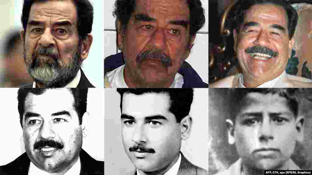 The many faces of Saddam Hussein: from the late 1940s (bottom right) to his trial in 2006 (top left).