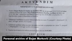 Aktvendimi për ndërprerjen e marrëdhënies së punës të Bojan Markoviqit.