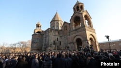Armenia - Supporters of Catholicos Garegin II rally outside the Echmiadzin cathedral of the Armenian Apostolic Church, December 18, 2025.