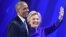 U.S. President Barack Obama (left) and his choice to succeed him, Hillary Clinton, appear at the Democratic National Convention in Philadelphia.