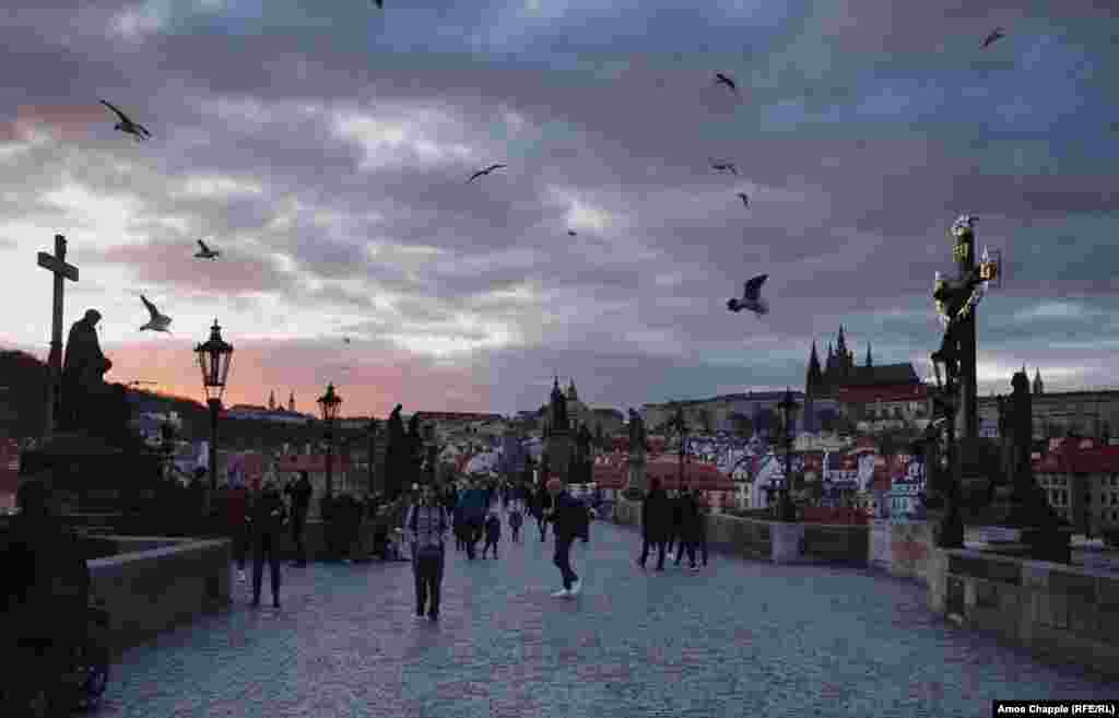 Prague&#39;s famous Charles Bridge at dusk on the evening of March 13.&nbsp;