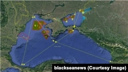 Мапа перекриття районів Чорного та Азовського морів Росією станом на 8 грудня 2021 року. З огляду моніторингової групи «Інституту Чорноморських стратегічних досліджень»