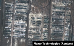 A satellite image shows Russian armed forces near the Ukrainian border in Soloti, Russia, on December 5.