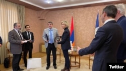 Nagorno-Karabakh - French presidential candidate Valerie Pecresse (center) visits the Center for Francophonie in Stepanakert, December 22, 2021.