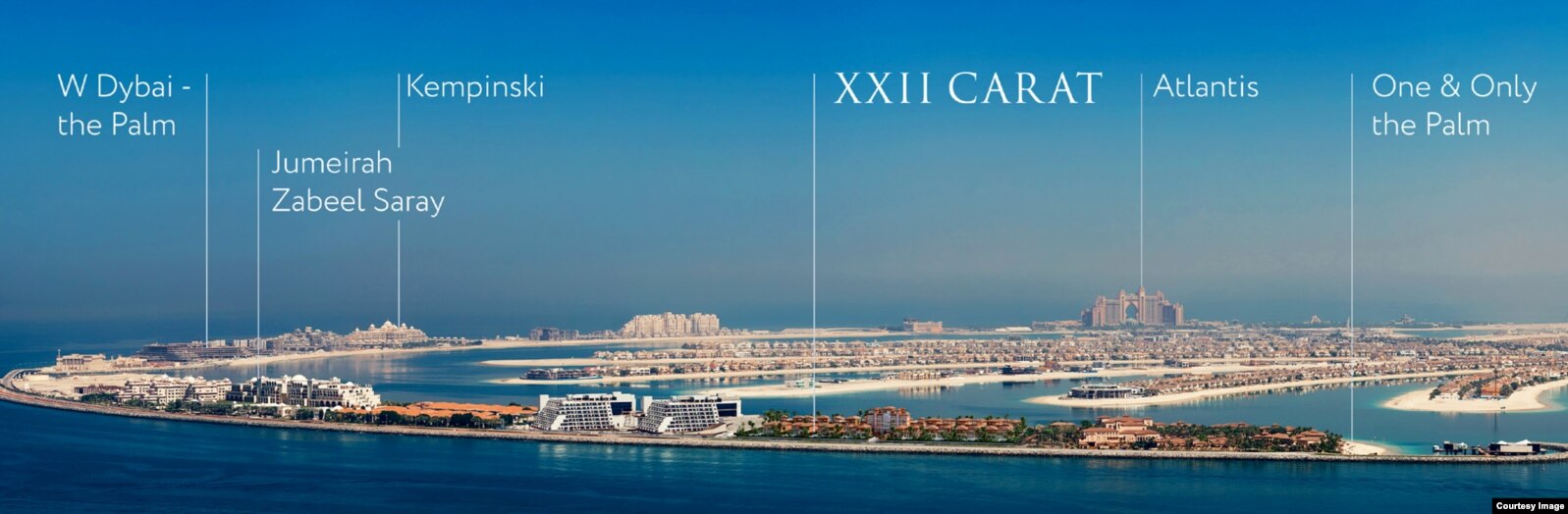 Пальма Джумейра и "22 карата" (XXII Carat), вид с моря. Визуализация из рекламного проспекта