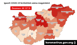 Number of confirmed COVID-19 infected by county in Hungary.