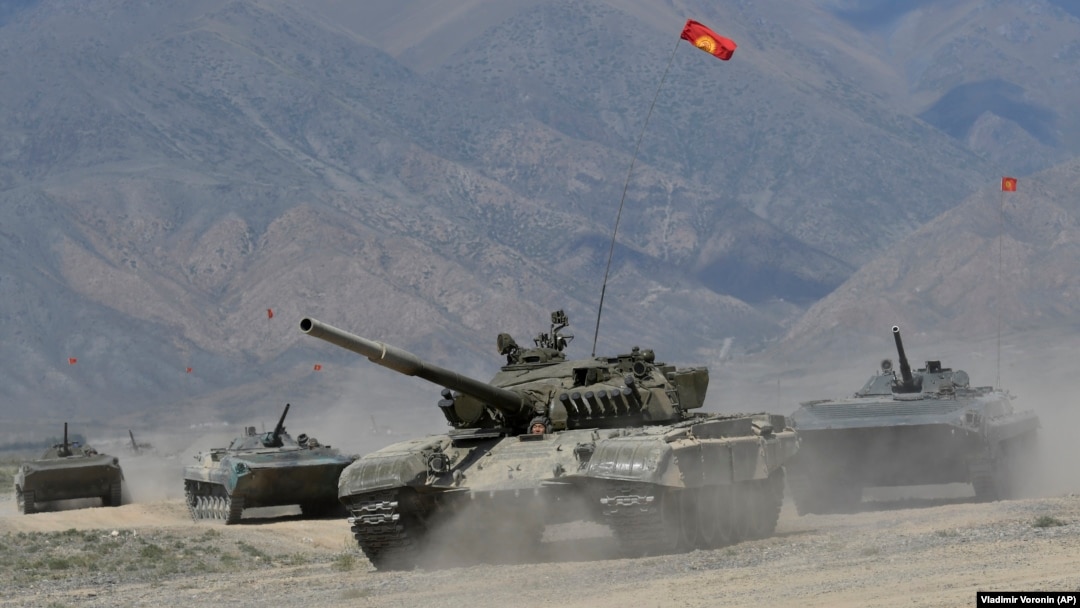 Kyrgyz tanks roll during CSTO military exercises at the Edelweiss training ground in Kyrgyzstan on September 9.