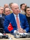 US Ambassador to NATO Matthew Whitaker (left) and European Union foreign policy chief Kaja Kallas attend a meeting of the Ukraine Defense Contact Group in Brussels on April 11.