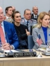 US Ambassador to NATO Matthew Whitaker (left) and European Union foreign policy chief Kaja Kallas attend a meeting of the Ukraine Defense Contact Group in Brussels on April 11.