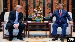 US President Donald Trump meets with Chinese leader Xi Jinping on the sidelines of their visit to Zhongnanhai Garden in Beijing on May 15. 