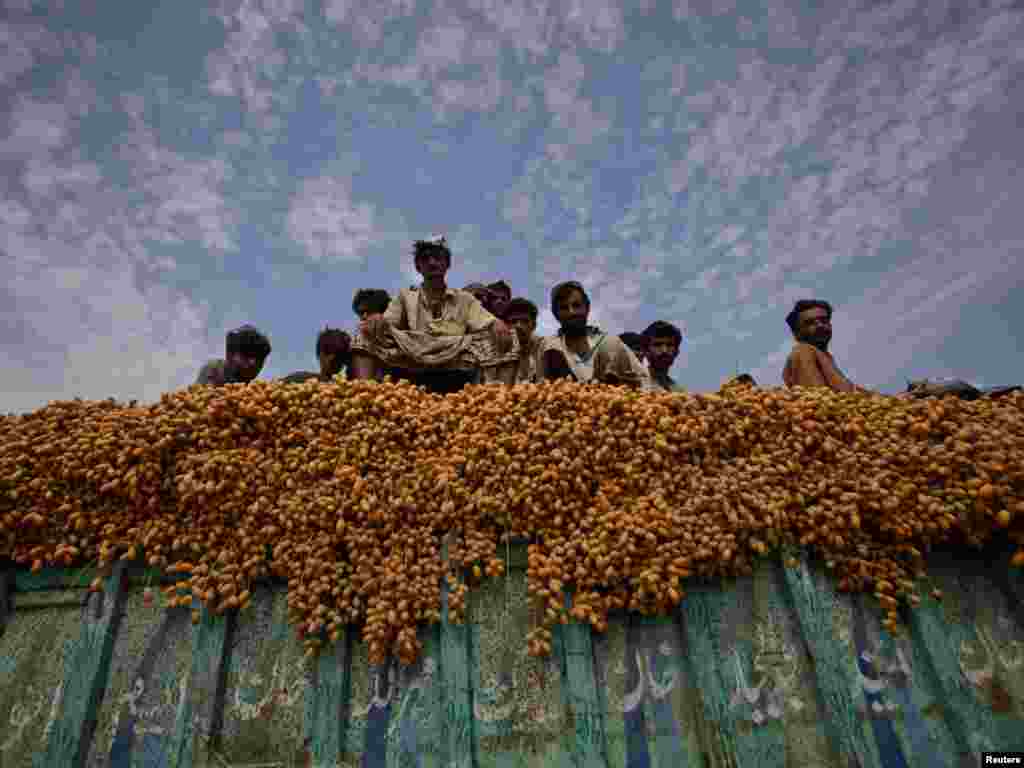 Laborers sit atop a truck full of fresh dates as they transport them to Sukkur, in Pakistan's Sindh Province, on July 26. Photo by Akhtar Soomro for Reuters