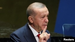 Recep Tayyip Erdoğan török elnök beszédet mond az ENSZ Közgyűlésén New Yorkban, az Egyesült Államokban 2023. szeptember 19-én