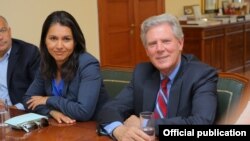 U.S. Representatives Frank Pallone (R) and Tulsi Gabbard meet officials in Stepanakert.