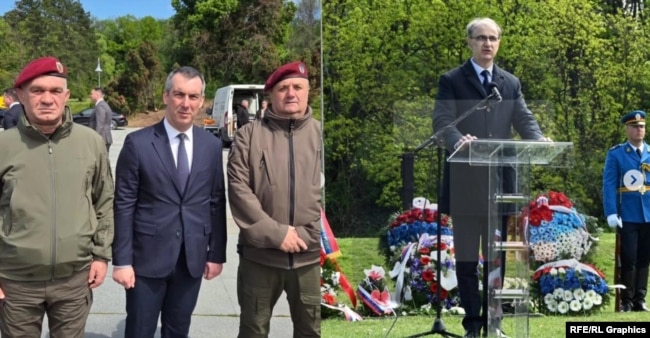 Veteranët e Beretave të Kuqe në Parkun Memorial "Jajinci", në një aktivitet ku morën pjesë kryeministri i Serbisë dhe drejtori i Agjencisë serbe të Sigurisë dhe Inteligjencës - BIA. Prill 2025.