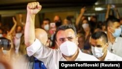 Zoran Zaev, former prime minister of North Macedonia and leader of the ruling SDSM party, celebrates in Skopje on July 16.