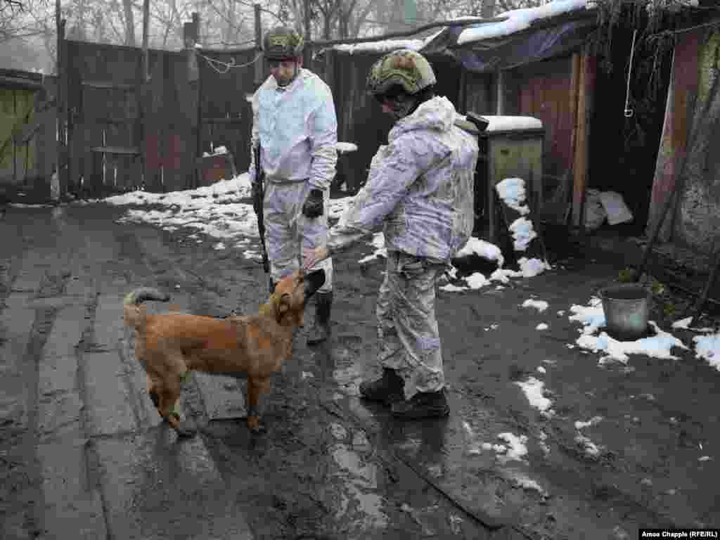 Українські бійці вітають собаку на передовій