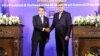 IAEA Director-General Rafael Grossi (left) holds a news conference in Tehran with Iran's nuclear energy chief, Mohammad Eslami, on May 7.