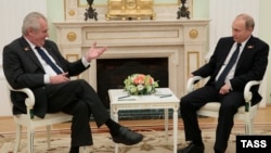 Czech President Milos Zeman (left) meets with Russian counterpart Vladimir Putin in the Kremlin on May 9.