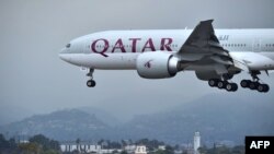 Qatar Airways aircraft, flight 739 from Doha, comes in for a landing at Los Angeles International, March 21, 2017