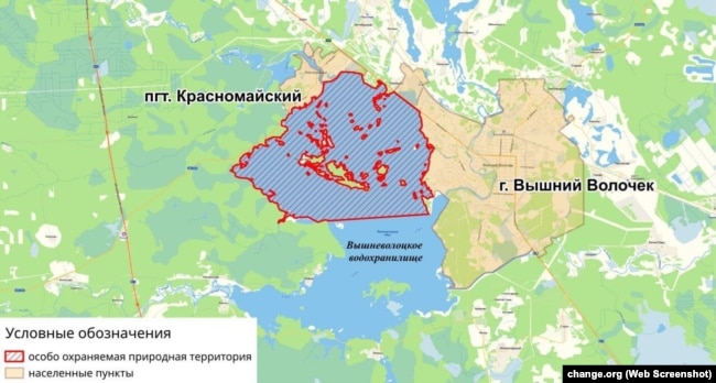 Harta e zonës natyrore të mbrojtur posaçërisht në pjesën veriore të Rezervuarit Vyshnevolotsk