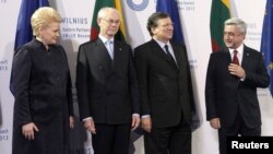 Lithuania -- President Dalia Grybauskaite (L-R), European Council President Herman van Rompuy and European Commission President Jose Manuel Barroso welcomes Armenian President Serzh Sarkisian during EU Eastern Partnership summit in Vilnius, November 29, 2