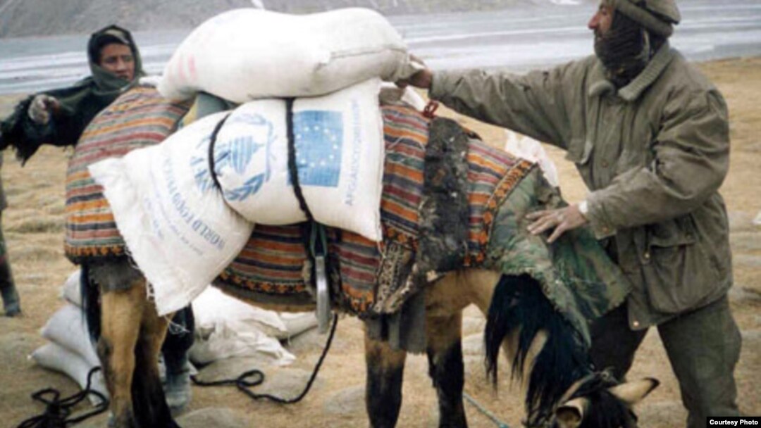 A man loads a donkey with food from the UN's World Food Program in Badakhshan Province in Afghanistan earlier this year.