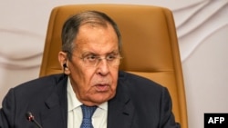Russian Foreign Minister Sergei Lavrov speaking in Bahrain on October 18