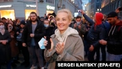 Yulia Navalnaya, wife of the jailed Russian opposition leader Aleksei Navalny, during an opposition rally in Moscow (file photo)