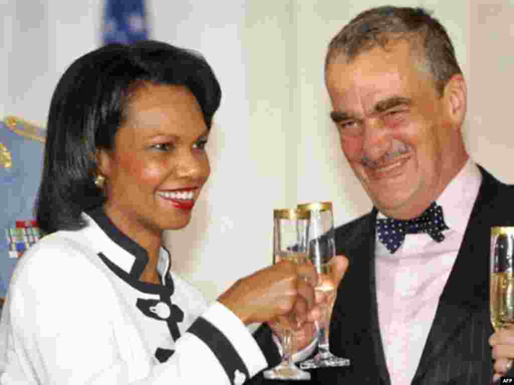 Czech Republic and Poland agree to host U.S. missile-defense system. - US Secretary of State Condoleezza Rice (L) and her Czech counterpart Karel Schwarzenberg toast after signing the missile defense deal at Cerninsky palace in Prague, on July 08, 2008 describing it as a step forward for global security despite staunch Russian opposition. The accord permits the siting of a radar station on Czech soil as part of an extended US missile shield that Washington says is necessary to ward off potential attacks by so-called "rogue" states such as Iran. Russia has denounced the plan as a provocative threat to its own security, despite repeated US assurances.