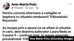Postare făcute de judecătoarea Ana Maria Puiu cu privire la delegarea noului președinte al Tribunalului București.
