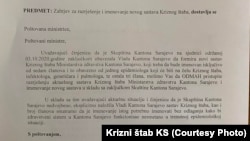 Pismo Kriznog štaba Kantona Sarajevo