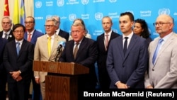 Очільник МЗС Данії Ларс Лекке Расмуссен виступає із заявою на підтримку України перед засіданням Ради безпеки ООН. Нью-Йорк, 24 серпня 2026 року
