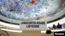 The empty seats of the Libyan delegation at the UN European headquarters in Geneva 