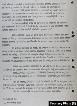 Fișa de urmărire întocmită de ofițerii de Securitate pentru Nadia Comâneci