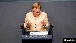 Angela Merkel a szövetségi parlament alsóházában Berlinben 2021. szeptember 7-én