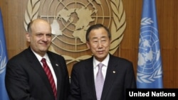 Georgia's UN Ambassador Alexander Lomaia and UN Secretary-General Ban Ki-moon at a March meeting