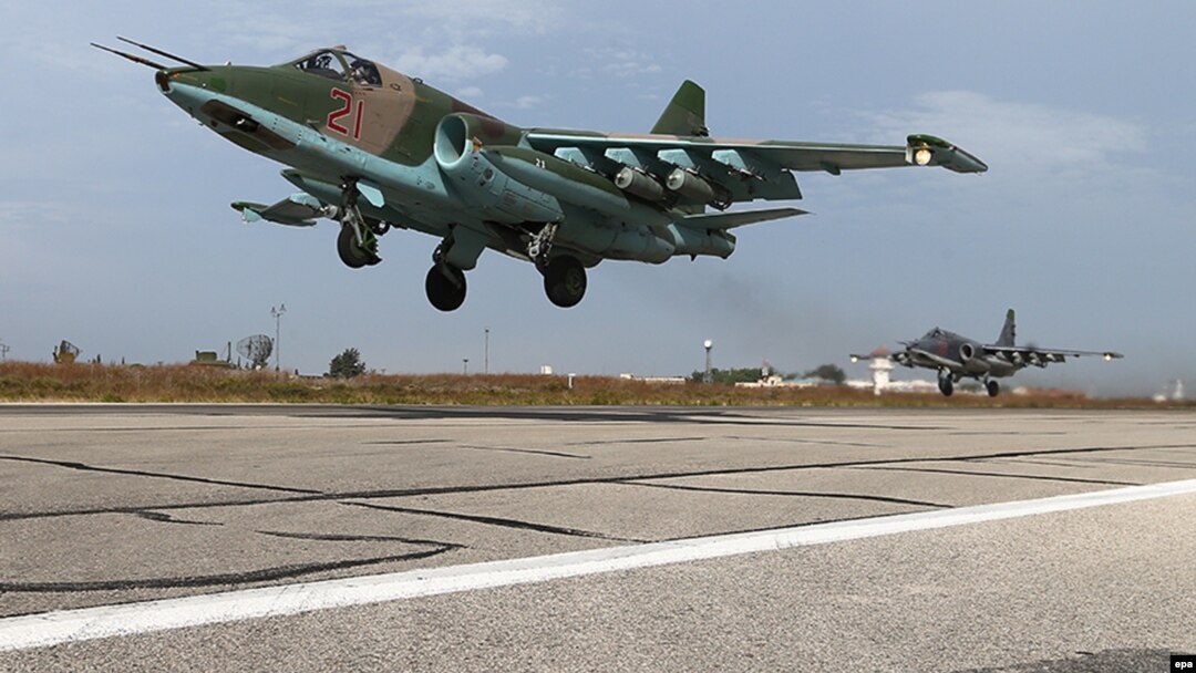 A Russian SU-25 takes off from the Syrian Hmeimim air base, outside Latakia, Syria. (file photo)