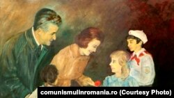 Ceaușescu și copiii de E.Niculescu (ulei pe pânză, 1978; inv. S 6156) Sursa: comunismulinromania.ro (MNIR)