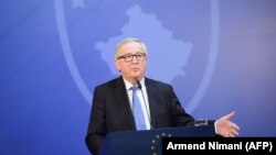 Presidenti i Komisionit Evropian, Jean-Claude Juncker, gjatë konferencës për media në Prishtinë. 28 shkurt, 2018.