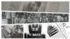 از راست بالا: تصویر استالین در یکی از شماره‌های روزنامه «آذربایجان»، شماری از اعضای فرقه، روزنامه «آذربایجان» با عکسی از پیشه‌وری، اعضای فرقه، و میرجعفر باقرف، بریا و ماخارادزه