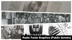 از راست بالا: تصویر استالین در یکی از شماره‌های روزنامه «آذربایجان»، شماری از اعضای فرقه، روزنامه «آذربایجان» با عکسی از پیشه‌وری، اعضای فرقه، و میرجعفر باقرف، بریا و ماخارادزه