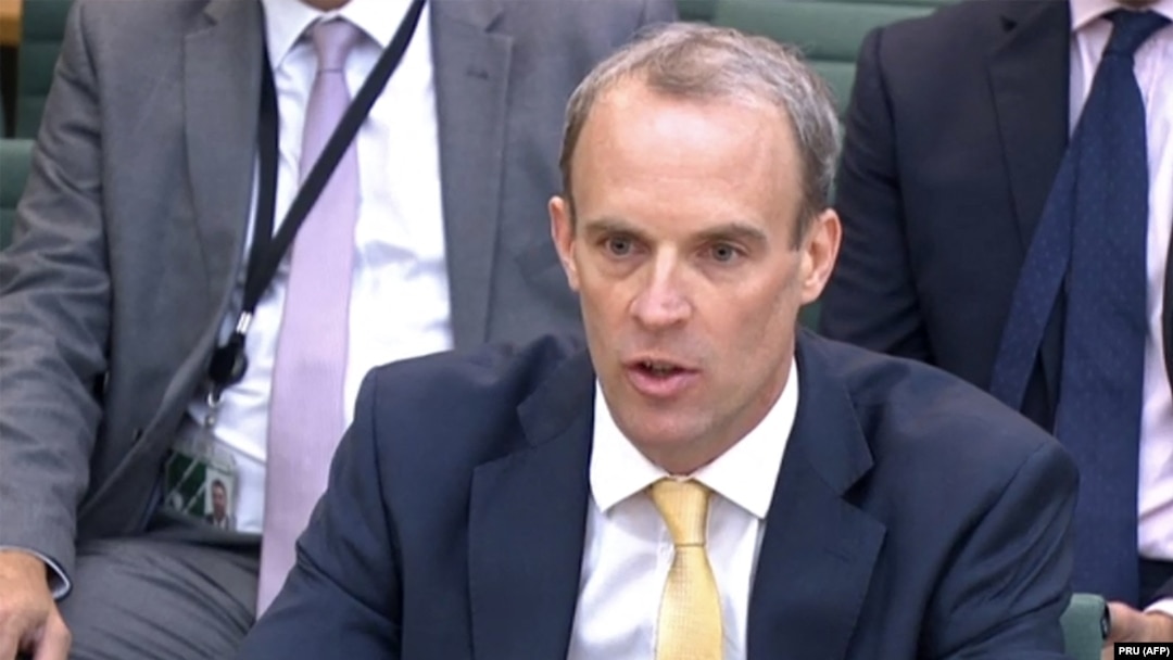 British Foreign Secretary Dominic Raab answers questions on government policy on Afghanistan during a meeting of the Foreign Affairs Committee in London on September 1.
