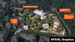 An aerial view of Russia's embassy in Prague